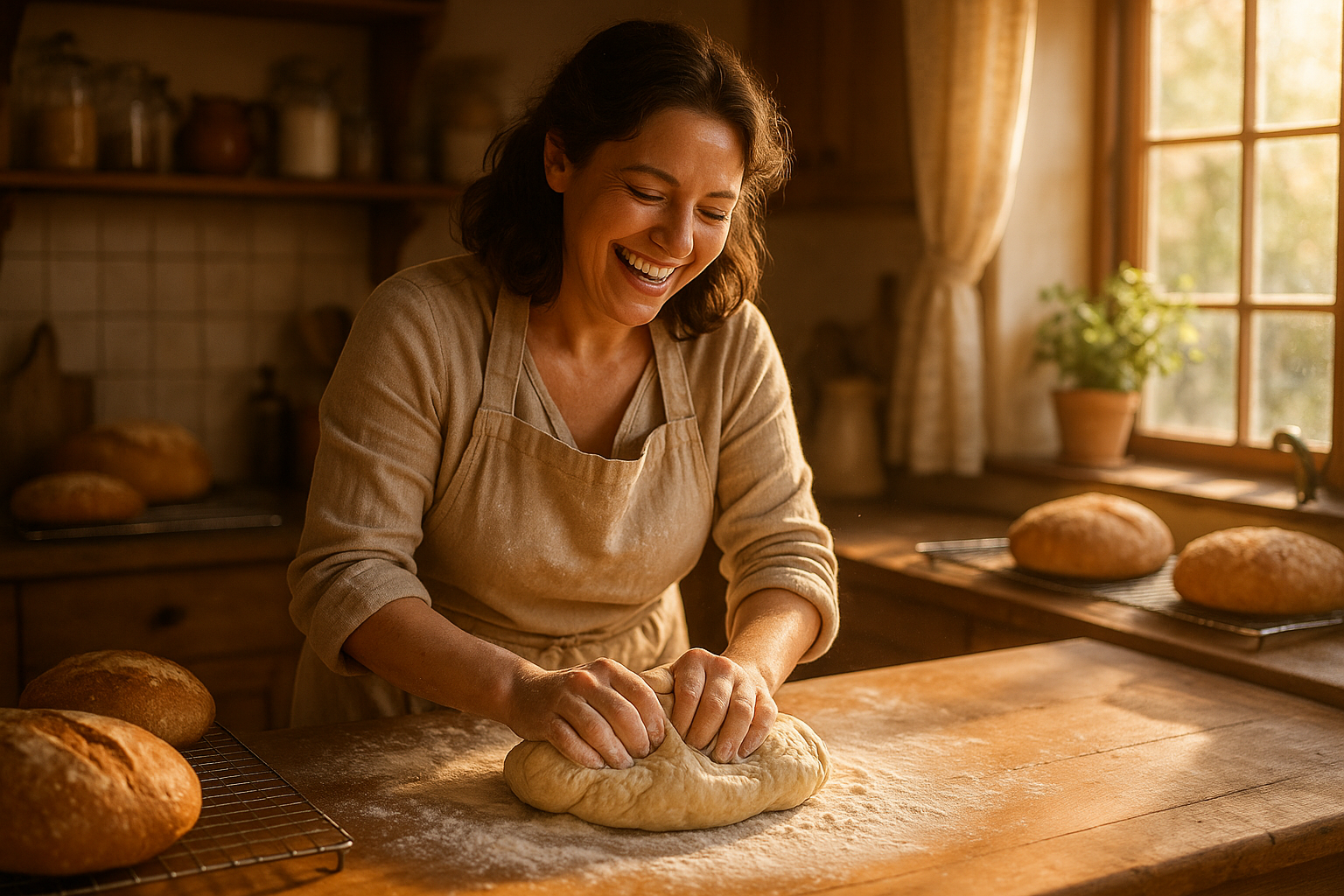 mujer feliz horneando pan de caja